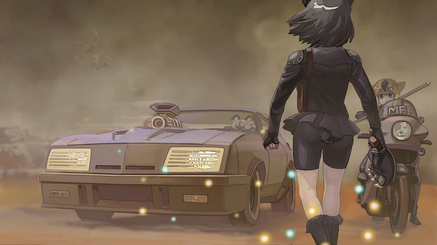 bear_paw_hammer bear_tail brown_bear_(kemono_friends) car commentary_request crossover desert ford golden_snub-nosed_monkey_(kemono_friends) ground_vehicle jacket kemono_friends leather leather_jacket mad_max motor_vehicle motorcycle sand_cat_(kemono_friends) tail yamachan_(niconico2951569)