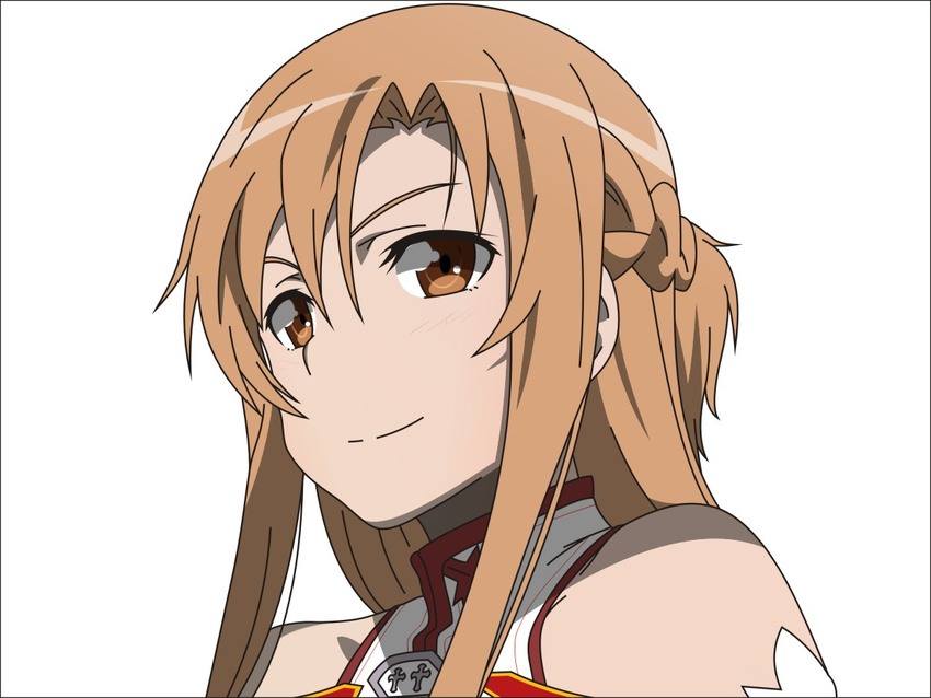 asuna_(sao) bare_shoulders black_border blush border braid brown_eyes brown_hair commentary_request derivative_work doyagao long_hair looking_at_viewer simple_background smirk solo sword_art_online todo_(masa3373) white_background