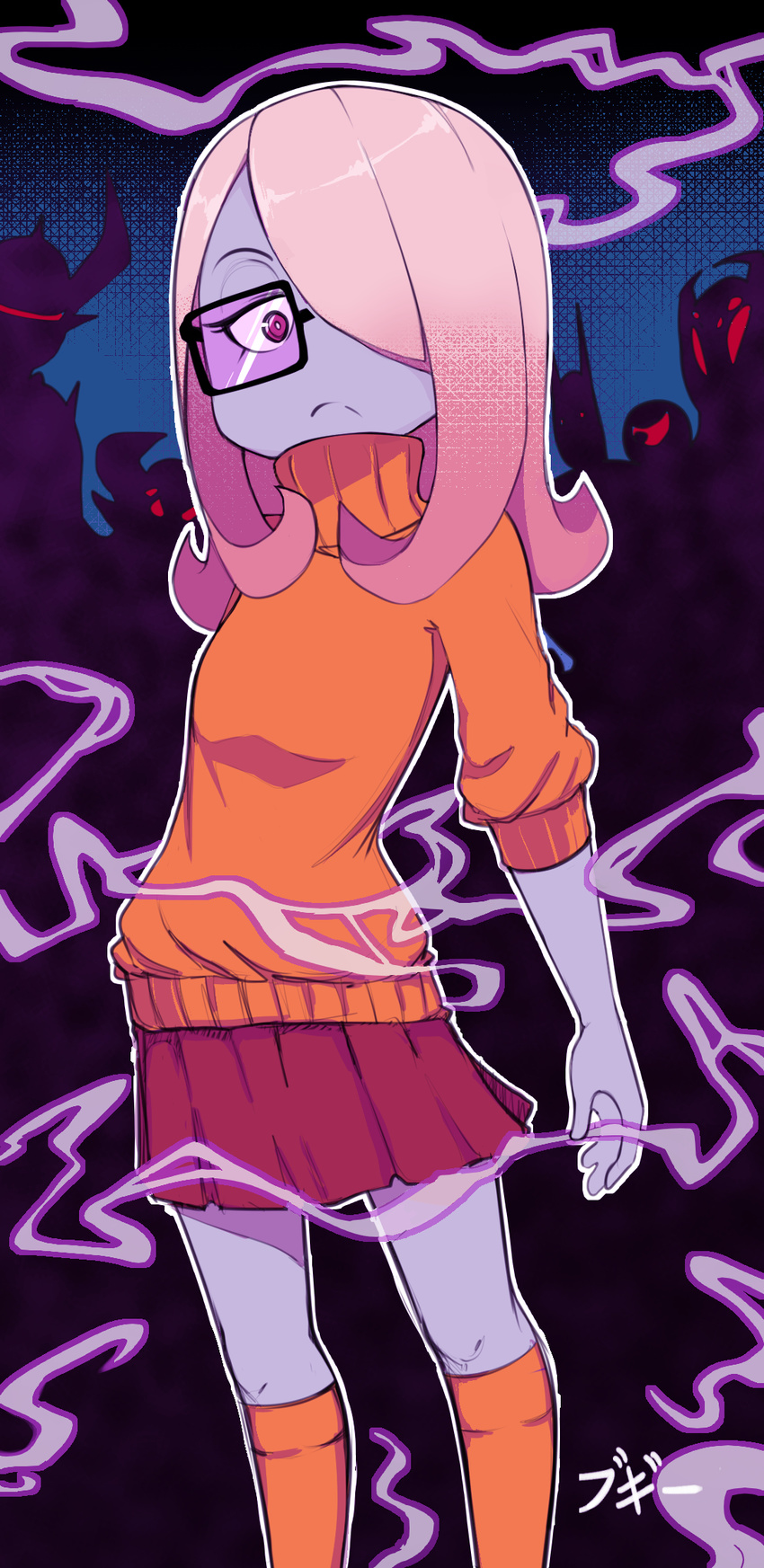 1girl boogy_(mnmnjuguna) closed_mouth cosplay crossover glasses hair_over_one_eye little_witch_academia long_hair looking_at_viewer one_eye_covered pink_eyes purple_hair scooby-doo skirt standing sucy_manbavaran sweater text thighhighs velma_dace_dinkley velma_dace_dinkley_(cosplay)