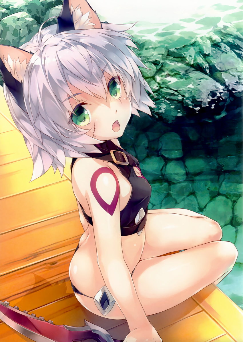 absurdres amami_mikihiro animal_ears ass bangs bare_legs bare_shoulders black_panties breasts butt_crack cat_ears cleavage cropped detexted eyebrows_visible_through_hair fate/apocrypha fate_(series) gloves green_eyes highres holding holding_weapon jack_the_ripper_(fate/apocrypha) kemonomimi_mode knife looking_at_viewer looking_back midriff open_mouth outdoors panties scan scar short_hair silver_hair sitting small_breasts solo swimsuit tattoo third-party_edit underwear water weapon
