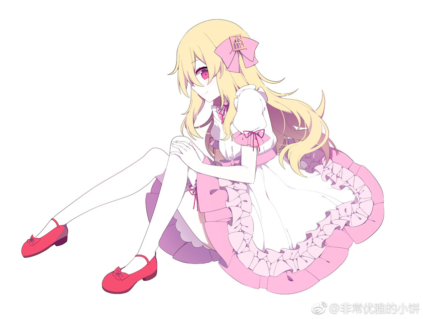 bad_proportions blonde_hair blush bow closed_mouth dress eyebrows_visible_through_hair frill_trim frilled_legwear frilled_shirt_collar frills from_side full_body gla hair_between_eyes hair_bow hair_ornament highres kanji_hair_ornament keisenko long_hair original pink_bow pink_eyes plantar_flexion profile puffy_short_sleeves puffy_sleeves red_footwear red_ribbon ribbon shoes short_sleeves simple_background sitting smile solo thighhighs watermark weibo_logo weibo_username white_background white_legwear