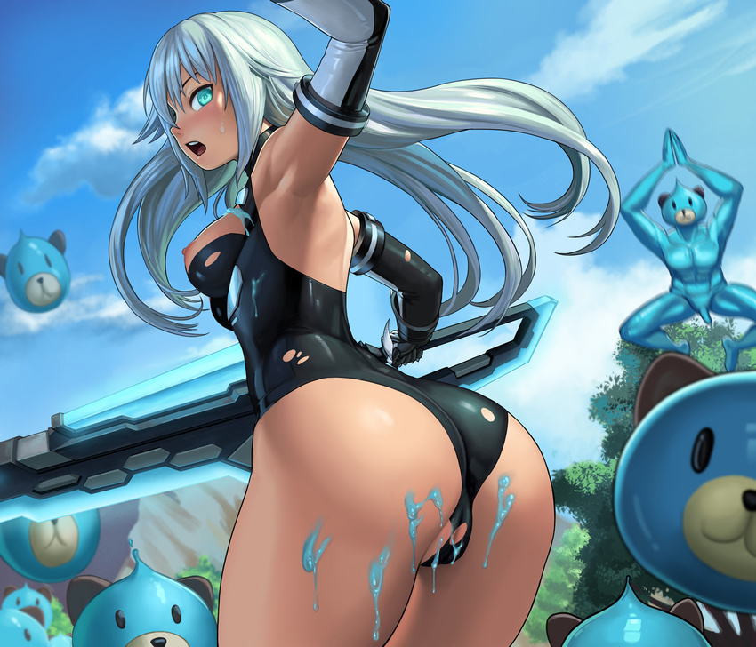 aqua_eyes arm_up armpits ass bangs black_heart black_leotard blue_sky blurry blush breasts choujigen_game_neptune cloud day depth_of_field detached_sleeves dissolving_clothes dogoo dogoo_man from_behind highleg highleg_leotard holding holding_weapon lasterk leaning_forward leotard long_hair looking_back medium_breasts mountain neptune_(series) nipples open_mouth outdoors penis silver_hair sky solo_focus standing sweatdrop torn_clothes torn_leotard tree weapon