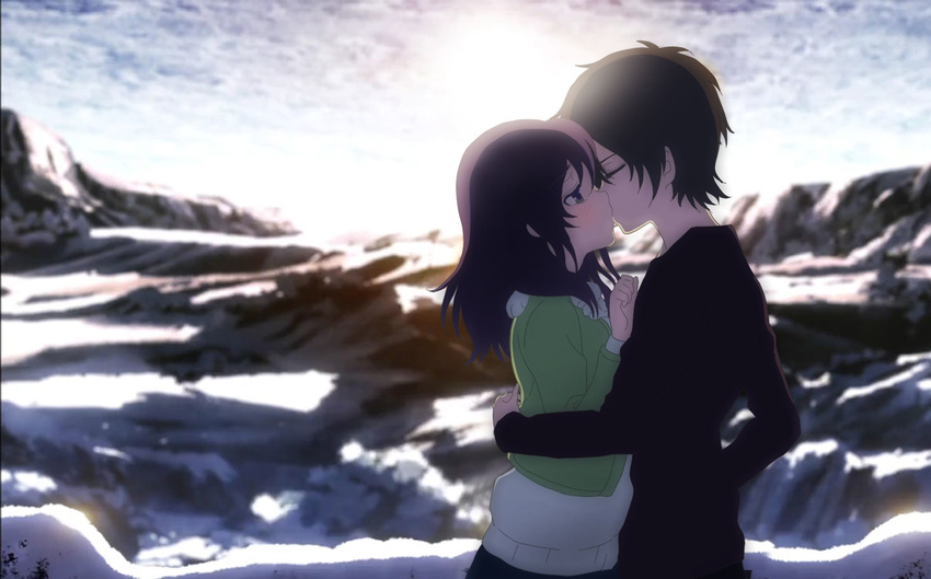 1girl arthursky blush brown_hair closed_eyes couple day hetero hiradaira_chisaki kihara_tsumugu kiss long_hair nagi_no_asukara outdoors standing sweater upper_body