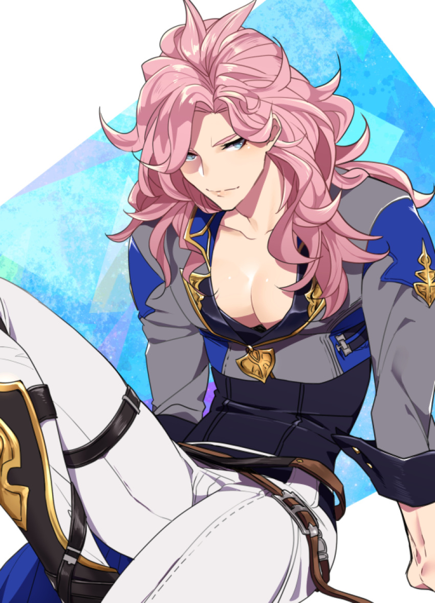 1boy arm_support belt blue_background blue_eyes collarbone curly_hair granblue_fantasy hair_down highres long_hair pectorals pokosuka randall_(granblue_fantasy) seams sitting smile solo