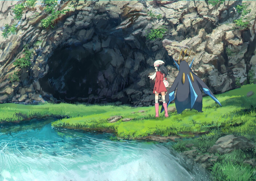 1girl bag beanie black_hair boots cave chromatic_aberration coat commentary_request dawn_(pokemon) day duffel_bag empoleon from_behind grass hair_ornament hairclip hat knee_boots legs_apart long_hair long_sleeves looking_back outdoors pink_footwear pippi_(pixiv_1922055) pokemon pokemon_(creature) pokemon_dppt pokemon_platinum red_coat river scarf scenery standing thighhighs water white_hat white_legwear white_scarf winter_clothes winter_coat