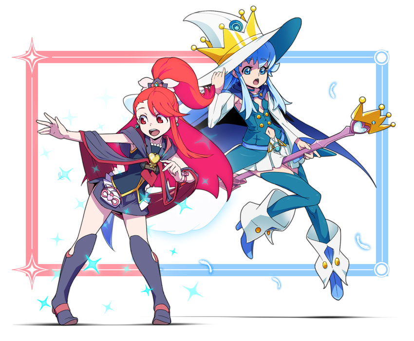 armpits bare_shoulders blue_hair blue_legwear boots brooch broom broom_riding crown cure_princess detached_sleeves full_body han_megumi hand_on_headwear happinesscharge_precure! hat heart holding jewelry kagari_atsuko large_hat little_witch_academia long_hair miniskirt multiple_girls navel open_mouth pinky_out pleated_skirt ponytail precure red_hair seiyuu_connection shirayuki_hime simple_background skirt sparkle staff thighhighs uganda white_background white_hat witch_hat zettai_ryouiki