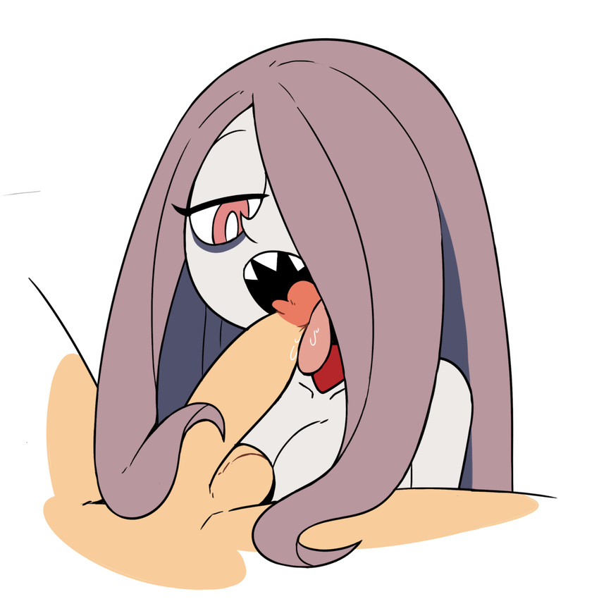 1boy 1girl breasts fellatio licking little_witch_academia long_hair nude open_mouth oral penis pink_eyes purple_hair sharp_teeth sucy_manbavaran testicles tongue