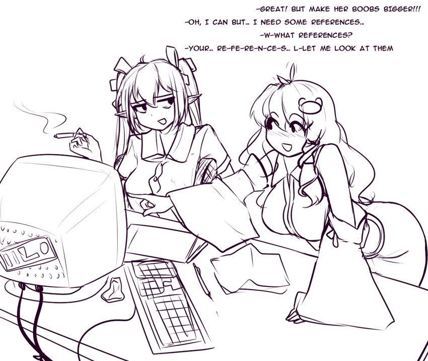 2girls ahoge blush breasts cigarette collared_shirt comic computer detached_sleeves english female_pervert frog_hair_ornament hair_ornament hater_(hatater) himekaidou_hatate implied_yuri keyboard kochiya_sanae large_breasts leaning_forward long_hair monitor monochrome multiple_girls paper pencil pervert pointing pointy_ears shirt sitting sketch smile smoking snake_hair_ornament touhou twintails wide_sleeves