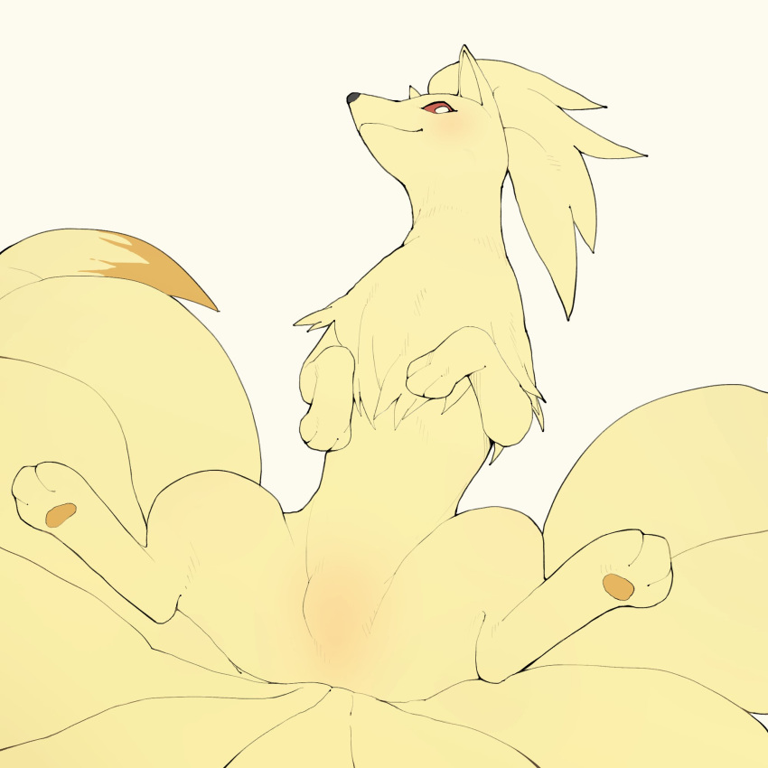 canid canine featureless_crotch female feral looking_at_viewer lying mammal ninetales nintendo on_back pok&eacute;mon pok&eacute;mon_(species) presenting solo video_games youjomodoki