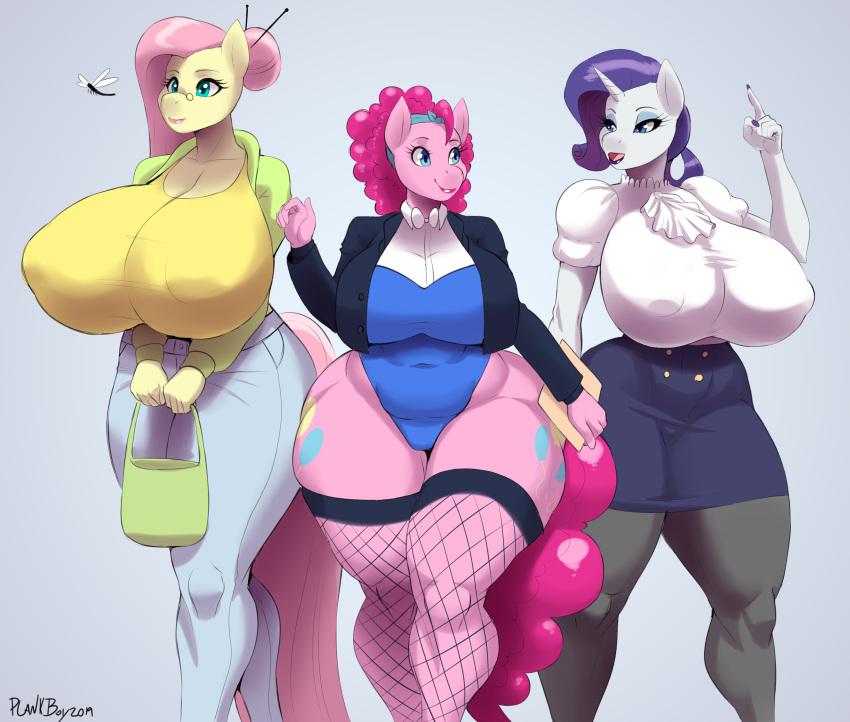 anthro big_breasts big_butt blue_eyes breasts butt clothed clothing earth_pony equine eyewear feathers female fishnet fishnet_legwear fluttershy_(mlp) friendship_is_magic glasses hair horn horse huge_breasts huge_butt legwear mammal my_little_pony nipple_bulge pants pegasus pinkie_pie_(mlp) plankboy pony rarity_(mlp) simple_background small_head smile standing thick_thighs unicorn voluptuous wide_hips wings