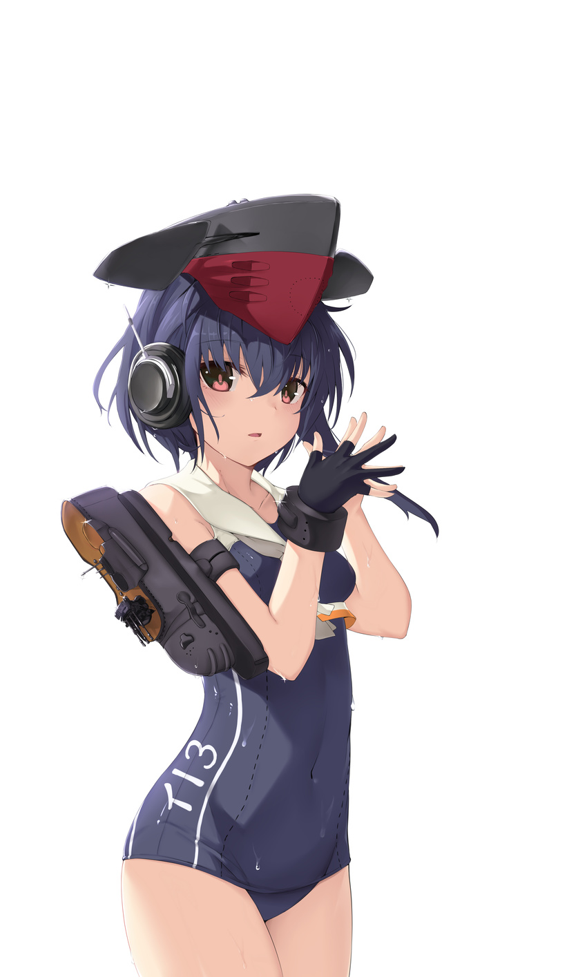 absurdres bangs bare_arms bare_shoulders black_gloves black_hair black_hat blue_swimsuit blush breasts character_name clothes_writing covered_navel cowboy_shot crop_top eyebrows_visible_through_hair framed_breasts gloves hat headset highres i-13_(kantai_collection) ivan_wang kantai_collection looking_at_viewer machinery one-piece_swimsuit open_mouth own_hands_together red_eyes short_hair simple_background single_glove single_sidelock small_breasts solo standing swimsuit water_drop wet wet_clothes wet_swimsuit white_background