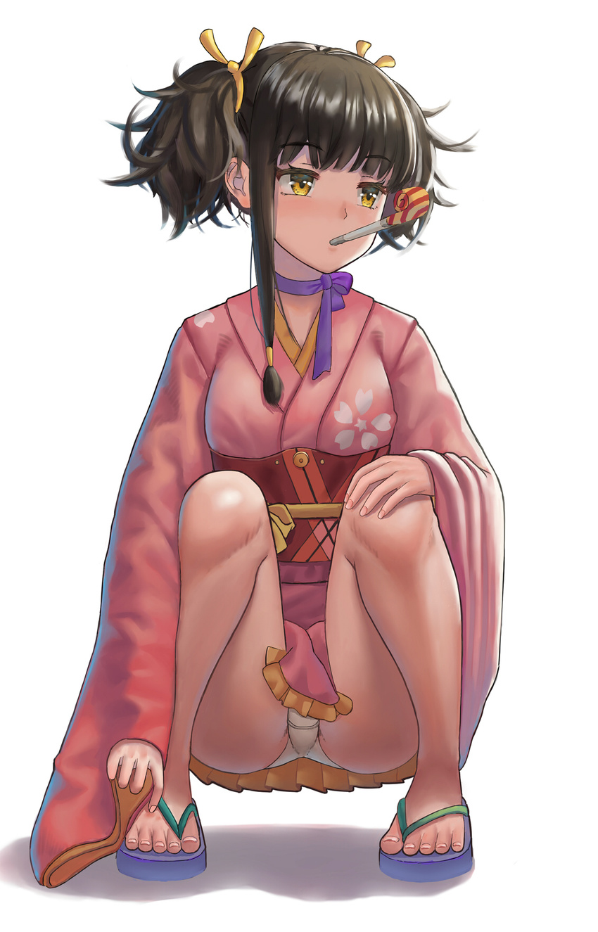 5ya black_hair blush breasts choker commentary_request fingernails full_body hair_ribbon hand_on_own_knee highres japanese_clothes kimono koutetsujou_no_kabaneri long_sleeves looking_at_viewer looking_away medium_breasts mouth_hold mumei_(kabaneri) panties pantyshot pantyshot_(squatting) party_horn ribbon ribbon_choker sandals sash short_hair short_kimono simple_background solo squatting thighs toenails twintails underwear white_background white_panties yellow_eyes