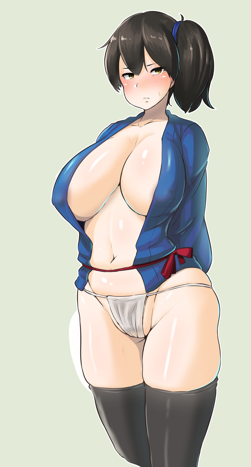 arms_behind_back black_legwear blush breasts brown_eyes brown_hair cleavage closed_mouth collarbone covered_nipples expressionless fundoshi green_background groin hair_tie half-closed_eyes highres huge_breasts japanese_clothes kaga_(kantai_collection) kantai_collection long_sleeves looking_at_viewer navel no_bra open_clothes partially_visible_vulva ryuun_(stiil) shiny shiny_skin short_hair side_ponytail simple_background skindentation solo standing stomach sweat thighhighs