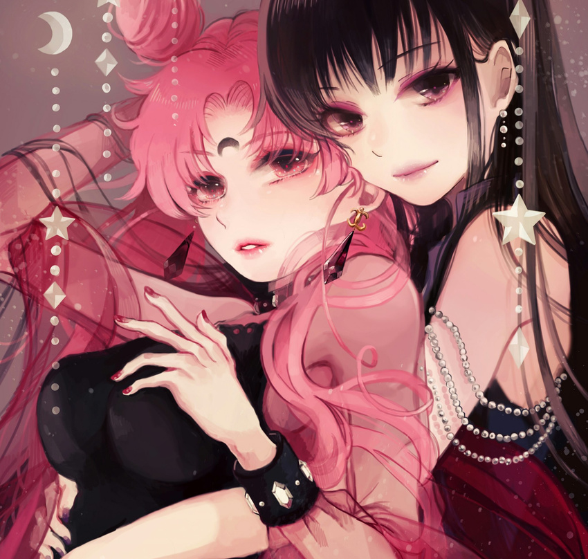 2girls bangs bishoujo_senshi_sailor_moon black_hair black_lady chibi_usa closed_mouth crescent crystal_earrings earrings eyelashes eyeshadow facial_mark forehead_mark from_side gem highres hug hug_from_behind jewelry long_hair looking_at_viewer makeup mistress_9 multiple_girls nail_polish older parted_bangs parted_lips pearl pink_eyes pink_hair pink_lips red_nails star tomoe_hotaru