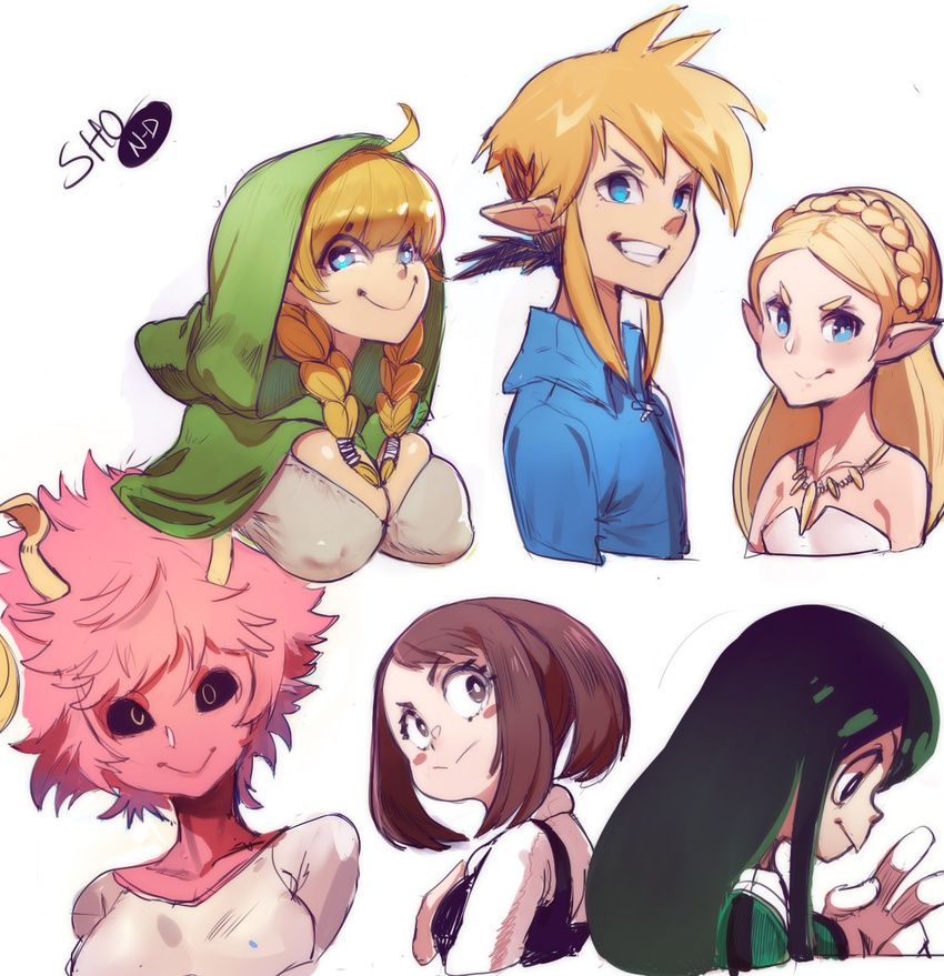 ashido_mina asui_tsuyu black_sclera blonde_hair bodysuit boku_no_hero_academia braid breasts collage frog_girl green_eyes highres hood horns huge_breasts link linkle long_hair looking_at_viewer medium_breasts multiple_girls open_mouth pink_hair pink_skin princess_zelda purple_skin sho-n-d short_hair simple_background smile the_legend_of_zelda the_legend_of_zelda:_breath_of_the_wild uraraka_ochako yellow_eyes zelda_musou