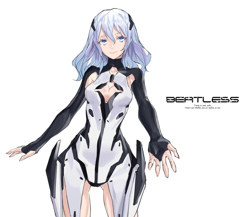 armpit_cutout beatless blue_eyes bodysuit breasts bridal_gauntlets cancell cleavage cleavage_cutout english highres leicia long_hair looking_at_viewer mecha_musume medium_breasts reaching_out silver_hair simple_background smile solo standing