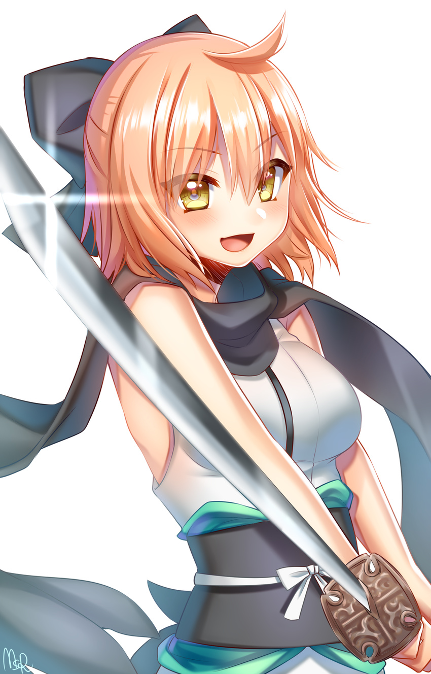 :d absurdres ahoge bare_shoulders black_bow black_scarf blonde_hair blush bow breasts commentary_request fate/grand_order fate_(series) glin hair_bow highres holding holding_sword holding_weapon japanese_clothes katana kimono koha-ace looking_at_viewer medium_breasts obi okita_souji_(fate) okita_souji_(fate)_(all) open_mouth rom sash scarf sleeveless sleeveless_kimono smile solo sword upper_body v-shaped_eyebrows weapon white_kimono yellow_eyes