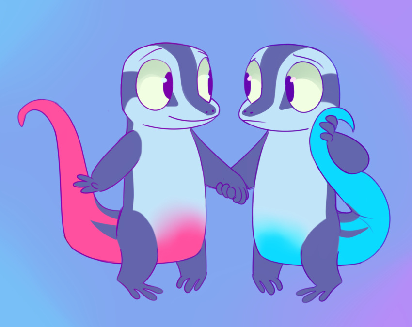 ambiguous_gender anthro duo eye_contact hand_holding holding_tail lizard nervous nude perish_(artist) reptile scalie sibling simple_background skink smile standing twins