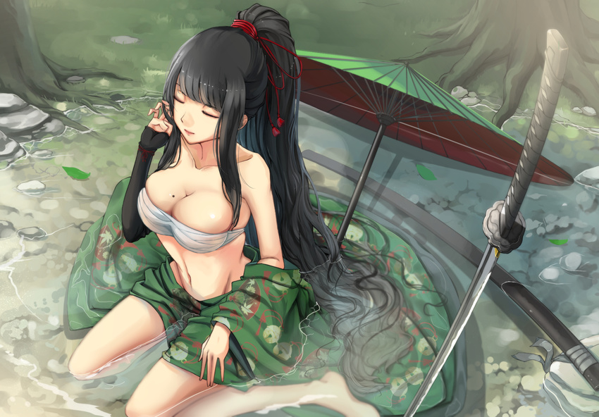 barefoot black_hair breasts closed_eyes fuchi_(hilt) habaki highres katana kikivi kneeling large_breasts long_hair mole mole_on_breast open_clothes oriental_umbrella original outdoors partially_submerged ponytail sarashi saya_(scabbard) solo sword tassel tsuba_(guard) tsuka-ito tsuka_(handle) umbrella unsheathed very_long_hair water weapon