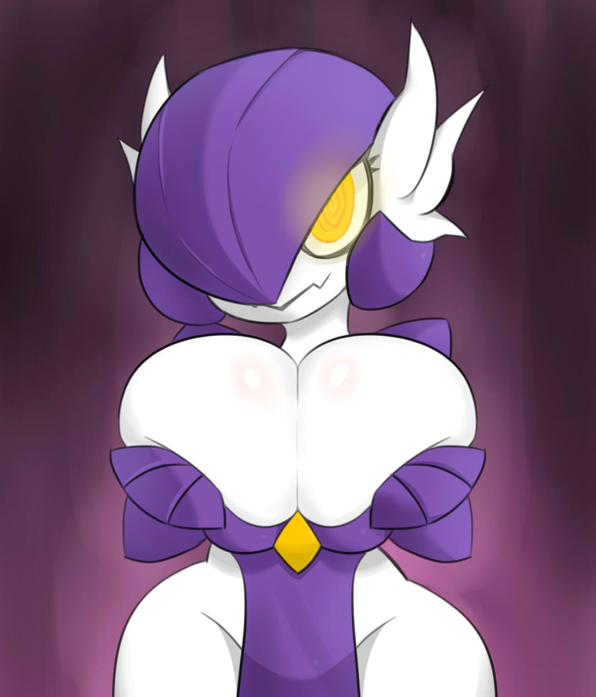 big_breasts breasts egnahcio eyelashes female front_view gardevoir glowing glowing_eyes grin hair head_tuft hex_maniac humanoid light_skin nintendo pale_skin pok&eacute;mon pok&eacute;mon_(species) portrait presenting presenting_breasts purple_clothing purple_hair smile three-quarter_portrait video_games white_skin wide_hips yellow_eyes