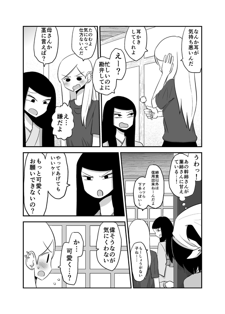 blush comic ear_piercing earrings flying_sweatdrops greyscale head_scarf highres japanese_clothes jewelry kagaya_hana kagaya_miki kagaya_you kimono lip_piercing long_hair mochi_au_lait monochrome multiple_girls nakai_(waitress) original piercing short_hair siblings sisters sweat translated