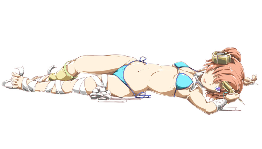 barefoot bikini blue_swimsuit brown_hair commentary_request fate/grand_order fate_(series) frankenstein's_monster_(fate) frankenstein's_monster_(swimsuit_saber)_(fate) hair_bun hair_over_one_eye hand_on_head highres leg_wrap looking_at_viewer lying maru_sashi navel neckerchief on_back open_mouth purple_eyes side-tie_bikini solo swimsuit white_background wrist_wrap