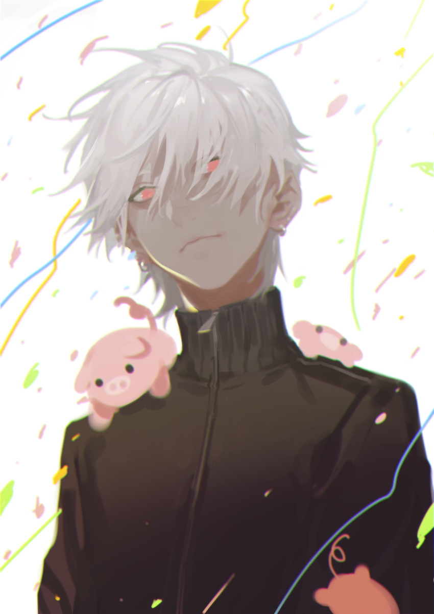 1boy absurdres albino animal animal_on_shoulder backlighting bangs black_track_suit commentary confetti earrings facing_viewer highres jacket jewelry kuzuha_(nijisanji) long_sleeves looking_to_the_side male_focus nijisanji pale_skin pig red_eyes solo streamers track_jacket undersized_animal unti_no_azi upper_body white_background white_hair zipper