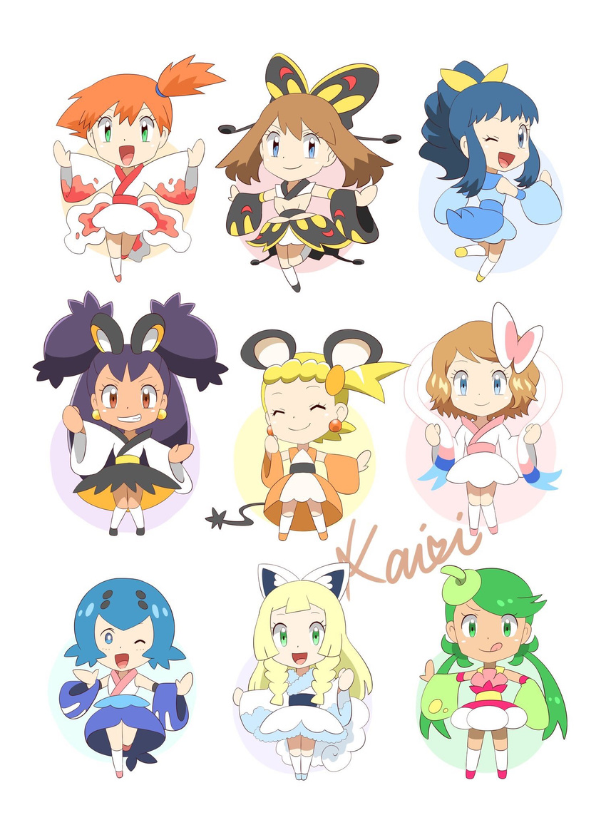 alolan_vulpix alolan_vulpix_(cosplay) beautifly beautifly_(cosplay) chibi cosplay dedenne dedenne_(cosplay) emolga emolga_(cosplay) eureka_(pokemon) gen_1_pokemon gen_3_pokemon gen_4_pokemon gen_5_pokemon gen_6_pokemon gen_7_pokemon goldeen goldeen_(cosplay) haruka_(pokemon) highres hikari_(pokemon) iris_(pokemon) kairi_(ayuara) kasumi_(pokemon) lillie_(pokemon) mao_(pokemon) piplup piplup_(cosplay) pokemon pokemon_(anime) pokemon_sm_(anime) popplio popplio_(cosplay) serena_(pokemon) signature simple_background source_request steenee steenee_(cosplay) suiren_(pokemon) sylveon sylveon_(cosplay) white_background