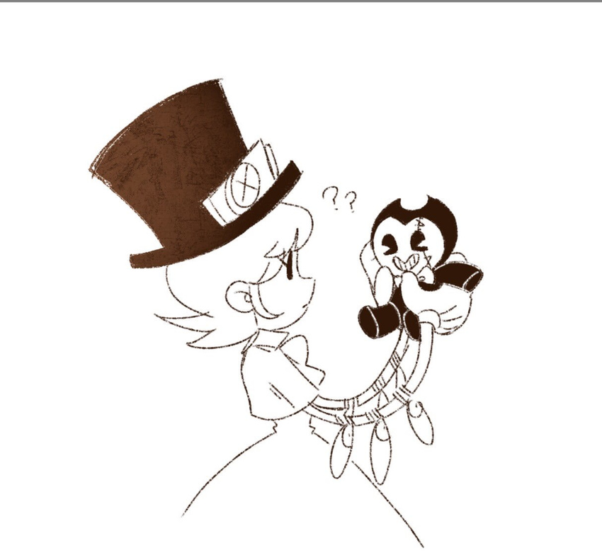 ?? bendy bendy_and_the_ink_machine character_doll dress gloves greyscale hat monochrome pac-man_eyes peacock_(skullgirls) pest_fox skullgirls solid_oval_eyes top_hat trait_connection