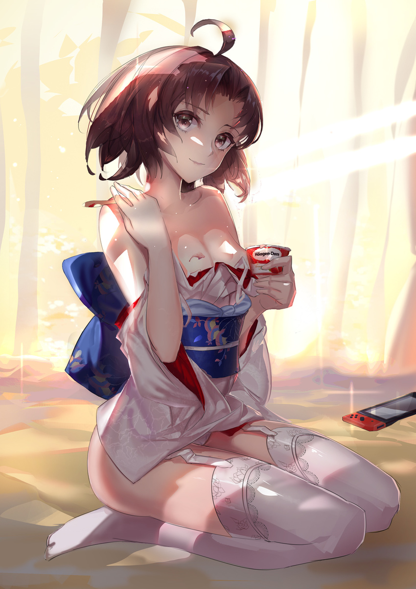 ahoge bare_shoulders black_eyes black_hair breasts closed_mouth commentary_request food full_body garter_straps haagen-dazs highres ice_cream japanese_clothes kara_no_kyoukai kimono looking_at_viewer nintendo_switch no_shoes obi off_shoulder rabbit_(tukenitian) ryougi_shiki sash seiza short_hair sitting small_breasts smile solo thighhighs white_legwear wide_sleeves