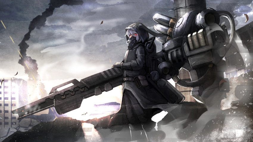 gas_mask gloves glowing glowing_eyes hooded_coat long_coat looking_at_viewer mecha namako_(namacotan) original red_eyes ruins scenery short_hair sky solo standing white_hair