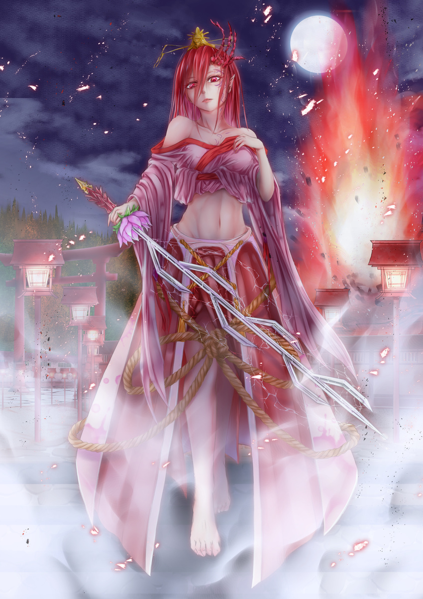 absurdres bare_shoulders breasts closed_mouth collarbone commentary_request fog full_body full_moon hair_ornament hair_stick highres holding holding_sword holding_weapon horns japanese_clothes long_hair long_sleeves looking_at_viewer medium_breasts miko moon navel night original pointy_ears red_eyes red_hair red_skirt seven-branched_sword shoukaze_(syoubu0615) skirt solo standing stomach sword weapon wide_sleeves