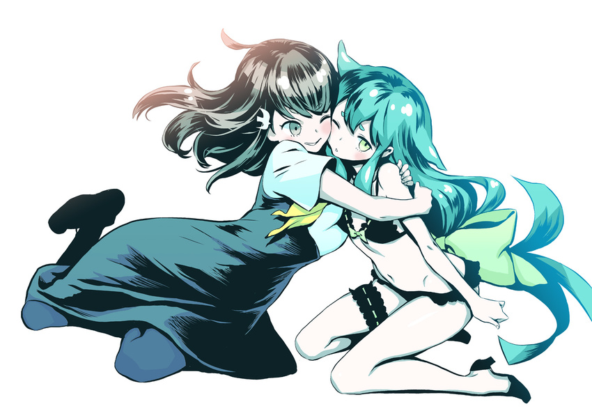 aqua_hair black_bra black_hair black_panties bow bra breasts fetishist flat_chest floating_hair frilled_bra frilled_panties frills full_body gatchaman_crowds green_bow green_eyes groin high_heels hug ichinose_hajime long_hair midriff multiple_girls navel one_eye_closed panties parted_lips simple_background small_breasts smile stomach thigh_strap underwear underwear_only utsutsu very_long_hair white_background yellow_eyes