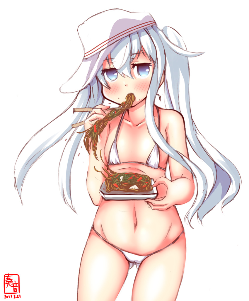 alternate_hairstyle artist_logo ass_visible_through_thighs bikini blue_eyes chopsticks cowboy_shot dated eating flat_cap flat_chest food hammer_and_sickle hat hibiki_(kantai_collection) highres holding holding_chopsticks kanon_(kurogane_knights) kantai_collection long_hair looking_at_viewer micro_bikini mouth_hold noodles silver_hair simple_background solo swimsuit twintails verniy_(kantai_collection) white_background white_bikini white_hat yakisoba