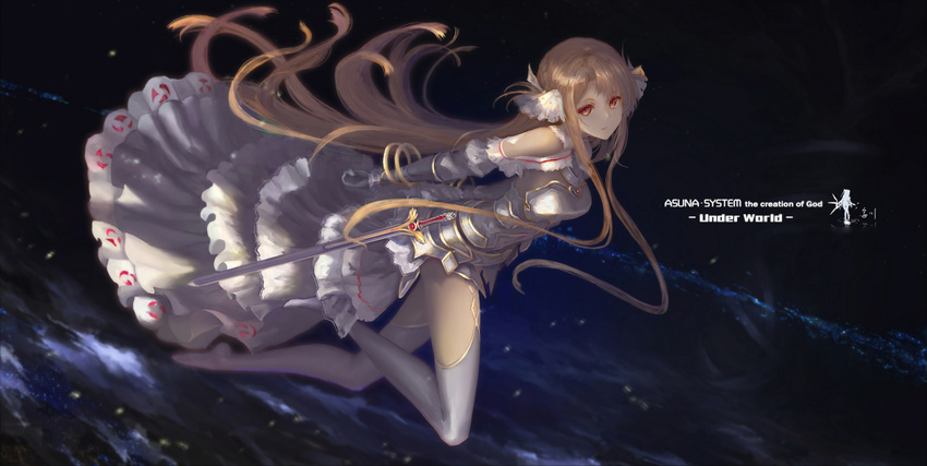 armor armored_dress asuna_(sao) breastplate brown_eyes brown_hair elbow_gloves gloves highres long_hair looking_at_viewer md5_mismatch solo sword sword_art_online thighhighs wangchuan_de_quanyan weapon