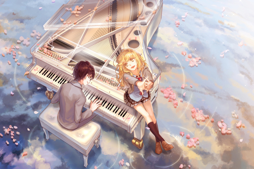 1girl :d arima_kousei arms_up black_legwear blonde_hair brown_footwear brown_hair cherry_blossoms cracking_knuckles crossed_ankles day dress_shirt formal from_above glasses grand_piano grey_jacket grey_pants grey_shirt grey_skirt instrument jacket kneehighs loafers long_hair long_sleeves looking_at_another looking_to_the_side miniskirt miyazono_kawori mizukai music necktie open_clothes open_jacket open_mouth outdoors outstretched_arms pants petals petals_on_liquid piano piano_bench plaid plaid_skirt playing_instrument playing_piano pleated_skirt red_neckwear reflecting_pool ripples school_uniform shigatsu_wa_kimi_no_uso shirt shoes sitting sitting_on_piano skirt smile stretch striped striped_neckwear suit water yellow_eyes