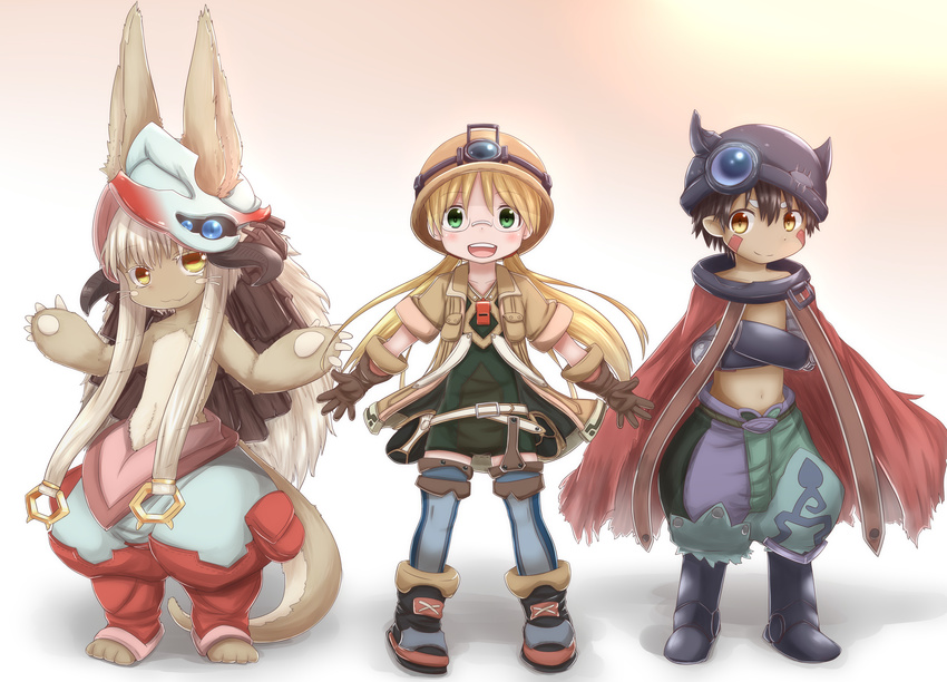 1girl 1other :3 absurdres animal_ears blonde_hair blue_legwear blush brown_eyes brown_hair closed_mouth crossed_arms ears_through_headwear eyebrows_visible_through_hair furry glasses green_eyes hat helmet highres horokusa_(korai) long_hair looking_at_viewer made_in_abyss nanachi_(made_in_abyss) navel pith_helmet regu_(made_in_abyss) riko_(made_in_abyss) short_hair smile teeth thighhighs twintails white_hair