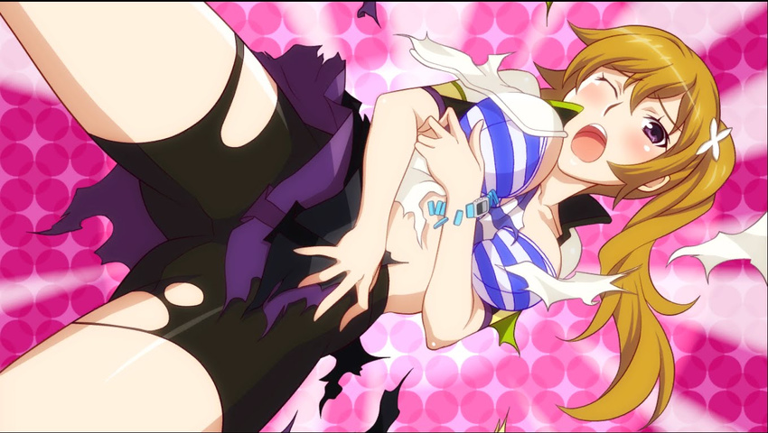 1girl akiba's_trip akiba's_trip_2 blush bra breasts brown_hair dress jacket large_breasts open_mouth pink_background purple_eyes sagisaka_touko shorts side_ponytail solo stripped teeth torn_clothes watch