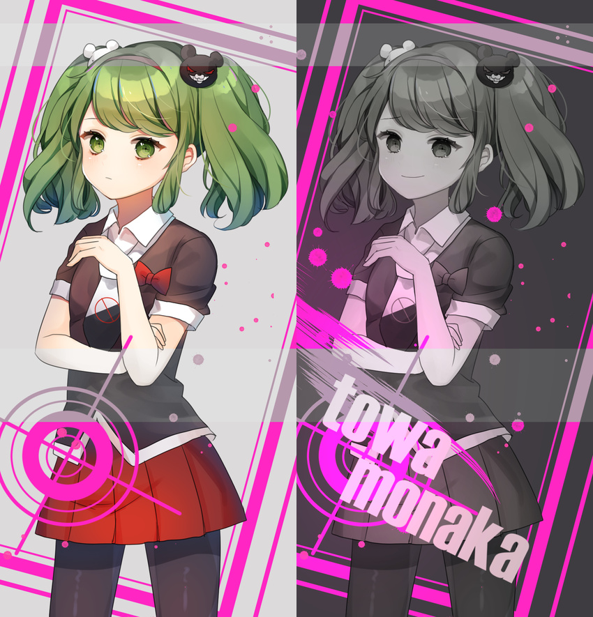 1girl danganronpa dress green_eyes green_hair hairband long_hair monaka_(danganronpa) monokuma_(danganronpa) necktie ribbon skirt smile standing tied_hair twintails zetta_zetsubou_shoujo