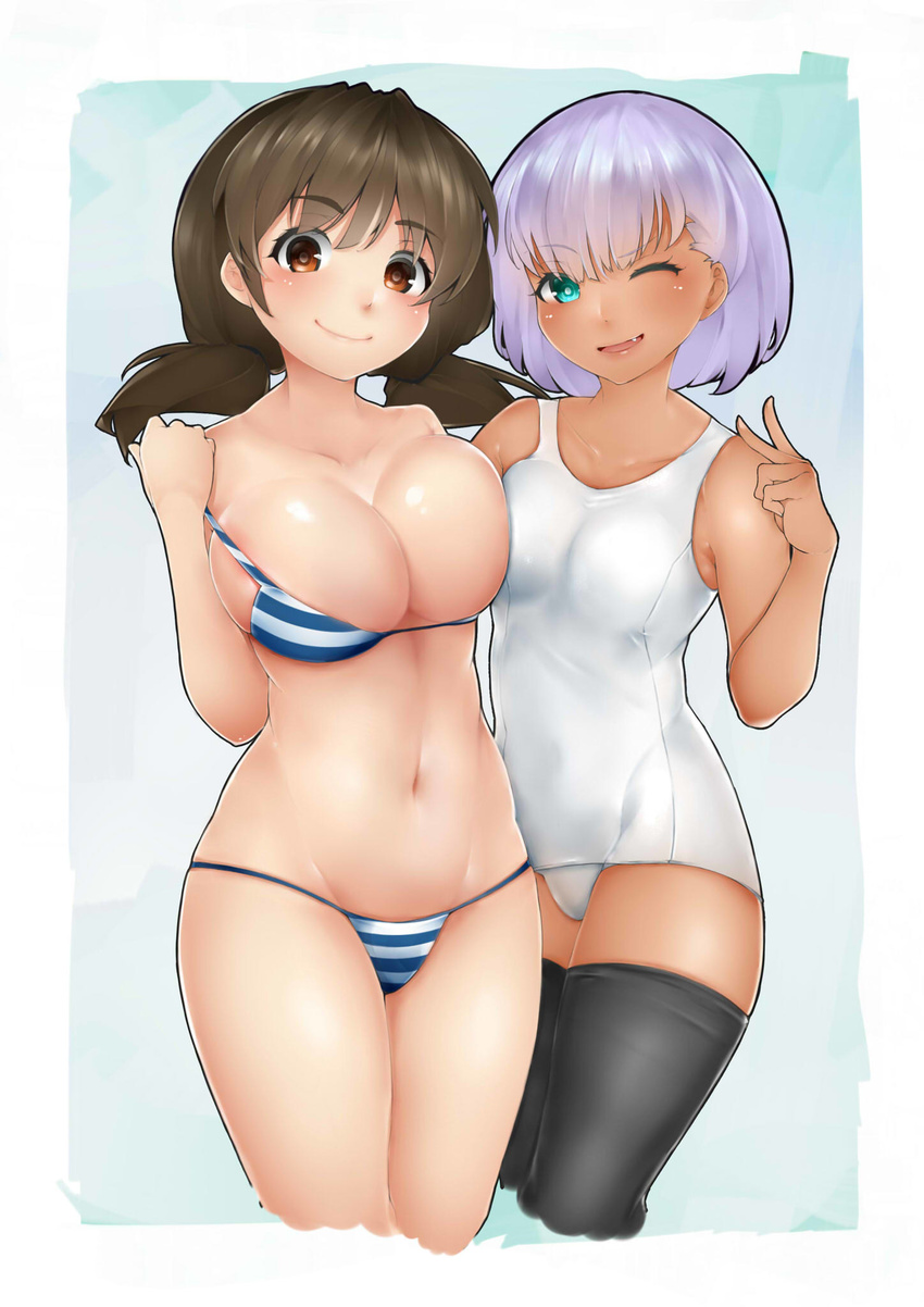 aqua_eyes bare_shoulders bikini black_legwear breasts brown_eyes brown_hair cleavage collarbone dark_skin elizax9x eyebrows_visible_through_hair fang highres large_breasts long_hair multiple_girls one-piece_swimsuit one_eye_closed original purple_hair school_swimsuit short_hair skindentation smile striped striped_bikini striped_swimsuit swimsuit thighhighs