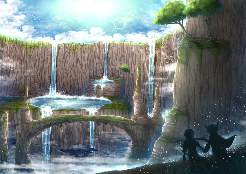 1girl absurdres blue_sky cliff cloud flying_fish helmet highres lake long_hair looking_away made_in_abyss pith_helmet regu_(made_in_abyss) riko_(made_in_abyss) scenery short_hair silhouette sky stingray tree twintails water waterfall zephx