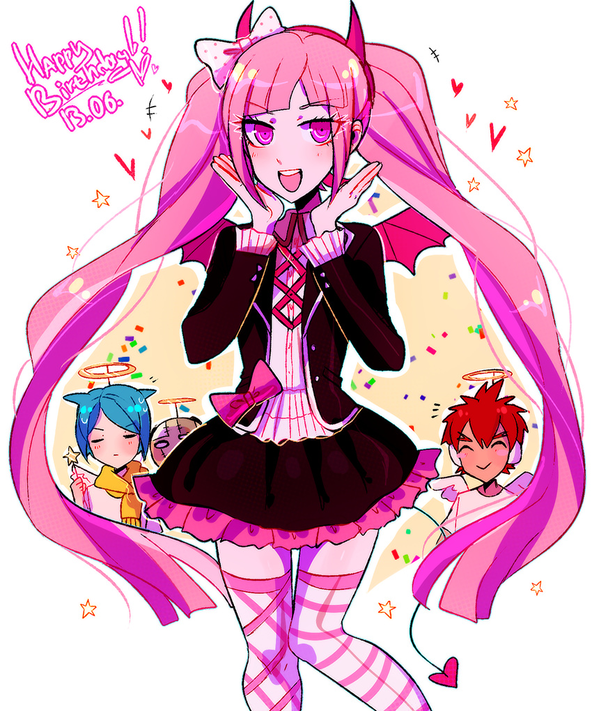 1girl 3boys blue_hair bow daimon_masaru danganronpa dress eyes_closed fake_horns group hairband happy heart huyandere jacket kemuri_jatarou long_hair multiple_boys open_mouth pink_eyes pink_hair red_hair ribbon scarf shingetsu_nagisa short_hair smile striped striped_legwear tail thighhighs tied_hair twintails utsugi_kotoko wings zettai_zetsubou_shoujo