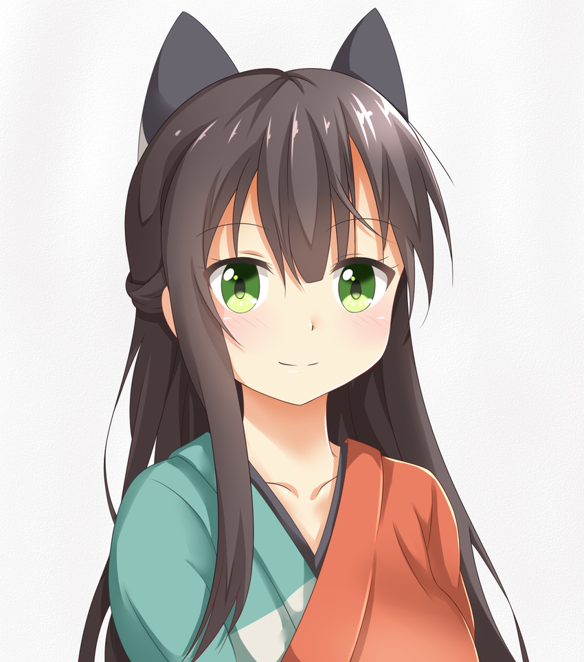 bangs black_bow blush bow breasts brown_hair closed_mouth collarbone commentary_request eyebrows_visible_through_hair green_eyes hair_bow half_updo highres japanese_clothes kimono long_hair looking_at_viewer medium_breasts multicolored multicolored_clothes multicolored_kimono seno_(nanrandesu) sidelocks simple_background smile solo tatsumi_kon urara_meirochou white_background