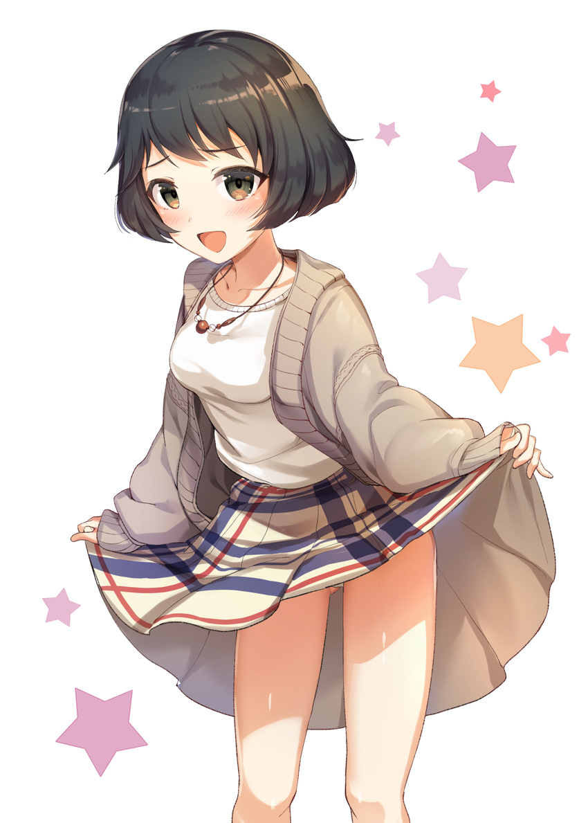 :d ass_visible_through_thighs bangs black_hair blush bob_cut brown_eyes cardigan collarbone commentary eyebrows_visible_through_hair girls_und_panzer highres ikomochi jewelry legs_apart looking_at_viewer necklace open_cardigan open_clothes open_mouth panties plaid plaid_skirt shirt short_hair simple_background skirt skirt_lift smile solo standing star starry_background tareme thighs underwear utsugi_yuuki white_background white_panties white_shirt