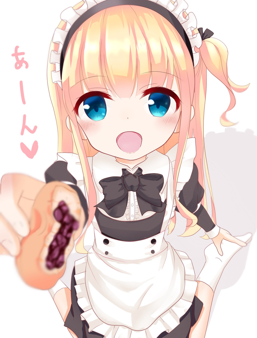 :d absurdres apron bangs black_bow black_dress black_ribbon blonde_hair blue_eyes blurry blurry_foreground blush bow collared_shirt commentary_request depth_of_field dress eyebrows_visible_through_hair feeding food frilled_apron frilled_shirt frills hair_ribbon hanakoizumi_yoruno heart highres hiiragi_mayuki hinako_note juliet_sleeves long_hair long_sleeves looking_at_viewer maid maid_headdress no_shoes one_side_up open_mouth pov_feeding puffy_sleeves ribbon shirt simple_background sitting smile socks solo taiyaki tareme translated very_long_hair wagashi wariza white_apron white_background white_legwear white_shirt