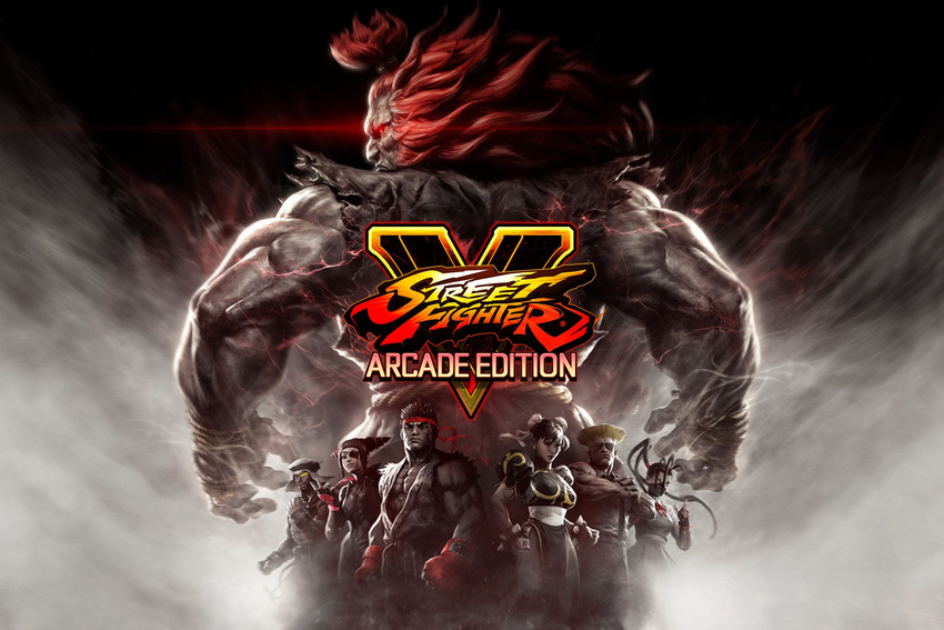 3girls 4boys akuma aura black_clouds capcom chun-li cover electricity game_cover glowing glowing_eyes guile han_juri highres ibuki_(street_fighter) looking_back multiple_boys multiple_girls official_art rashid_(street_fighter) ryuu_(street_fighter_ street_fighter street_fighter_v sunglasses