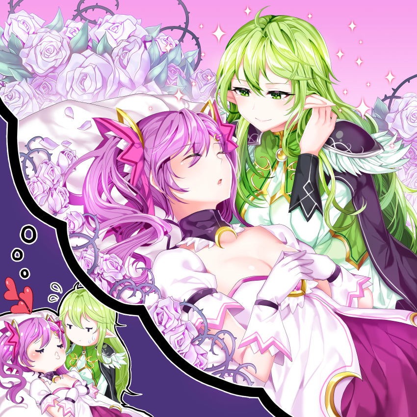 aisha_(elsword) blush breasts cleavage dimension_witch_(elsword) dreaming elf elsword eyebrows_visible_through_hair hamericano heart highres long_hair night_watcher_(elsword) pointy_ears rena_(elsword) sleeping sparkle sweatdrop twintails yuri