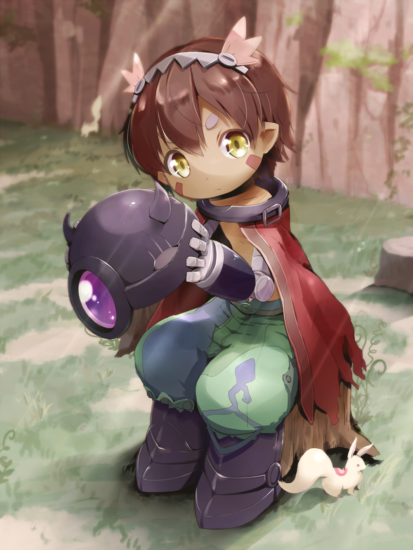 brown_hair closed_mouth collarbone eyebrows_visible_through_hair headwear_removed helmet helmet_removed highres holding holding_helmet looking_at_viewer made_in_abyss male_focus piano_(mymel0v) pointy_ears regu_(made_in_abyss) sitting solo yellow_eyes