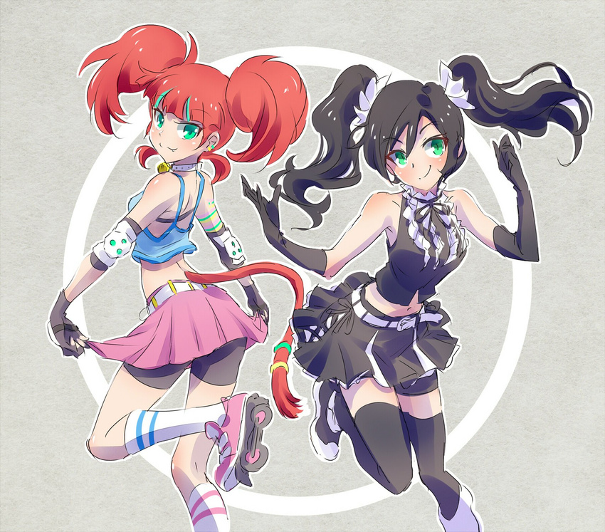 alternate_costume alternate_hairstyle aqua_eyes black_hair cat_tail commentary_request highres iesupa multiple_girls navel neo_(rwby) neon_katt orange_hair roller_skates rwby shorts skates tail twintails