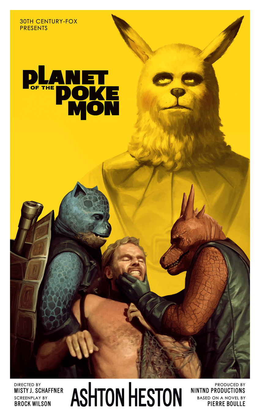 astor_alexander blastoise blonde_hair brand_name_imitation charizard charlton_heston chest_hair clenched_teeth closed_eyes commentary cover crossover english english_commentary engrish facial_hair fake_cover fine_art_parody gen_1_pokemon george_taylor gloves grin hat highres movie_poster mustache oldschool parody photorealistic pikachu planet_of_the_apes pokemon pokemon_(creature) pokemon_(game) ranguage realistic shirtless simple_background smile style_parody teeth title_parody what yellow_background
